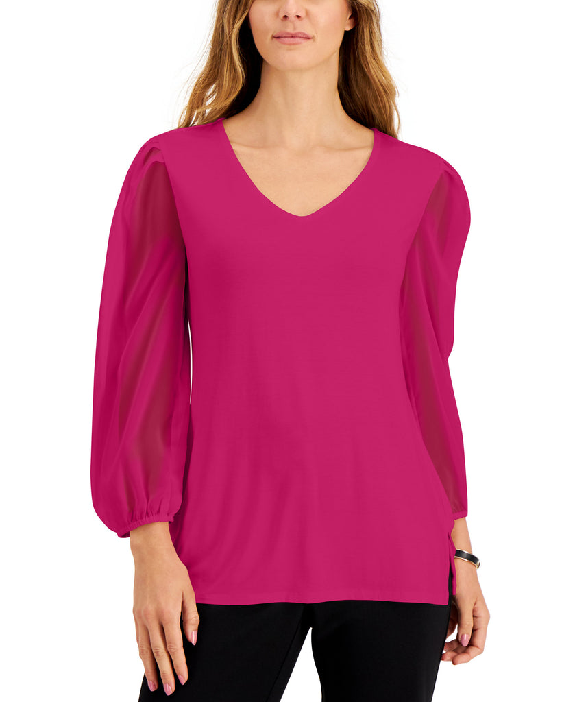 JM Collection Women Sheer Sleeve Top Pink Peacock