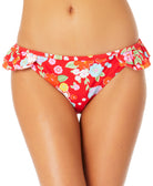 California Waves Women Ruffled Hipster Bikini Bottoms Red Print