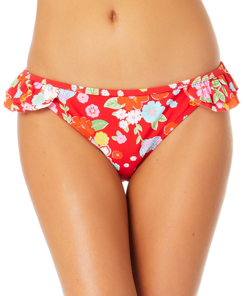 California Waves Women Ruffled Hipster Bikini Bottoms Red Print