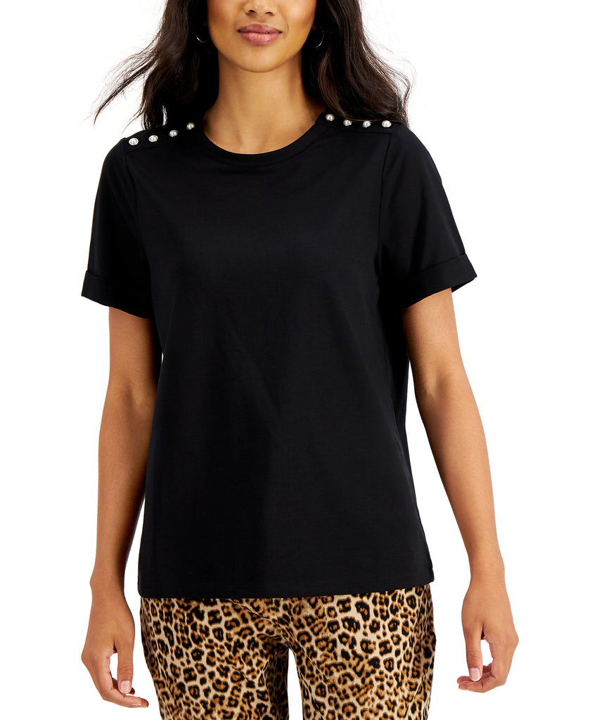 Charter Club Women Embellished Shoulder Top Deep Black