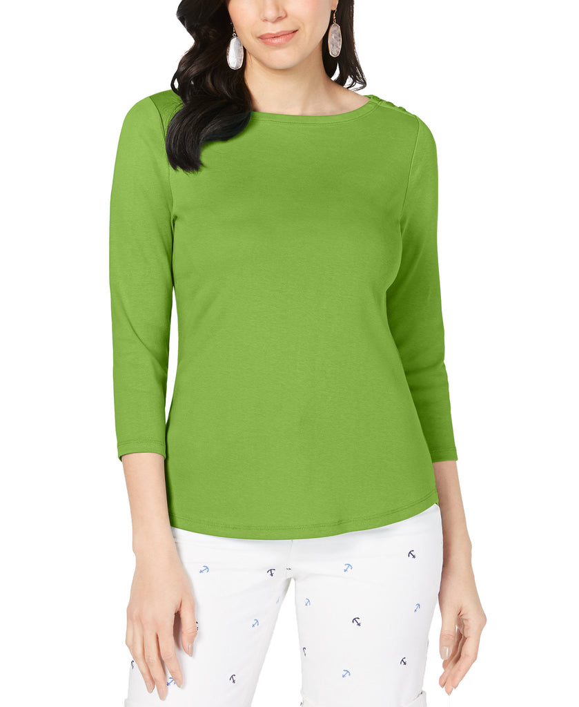 Charter Club Women Pima Cotton Boat Neck Button Shoulder Top Green Gemstone