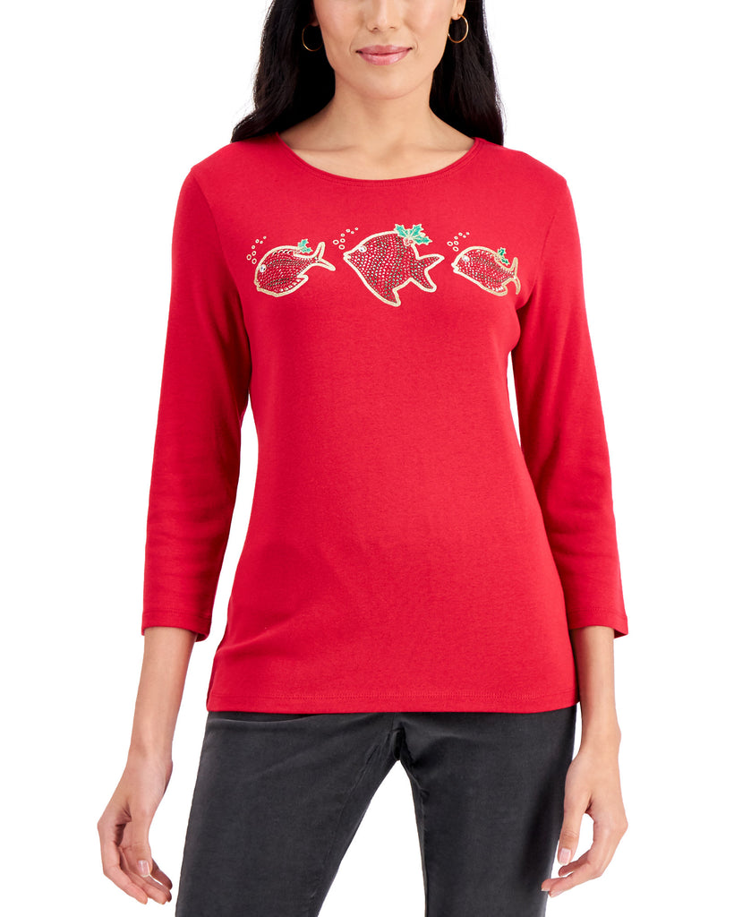 Karen Scott Women Cotton Fishing Gem Graphic Top New Red Amore