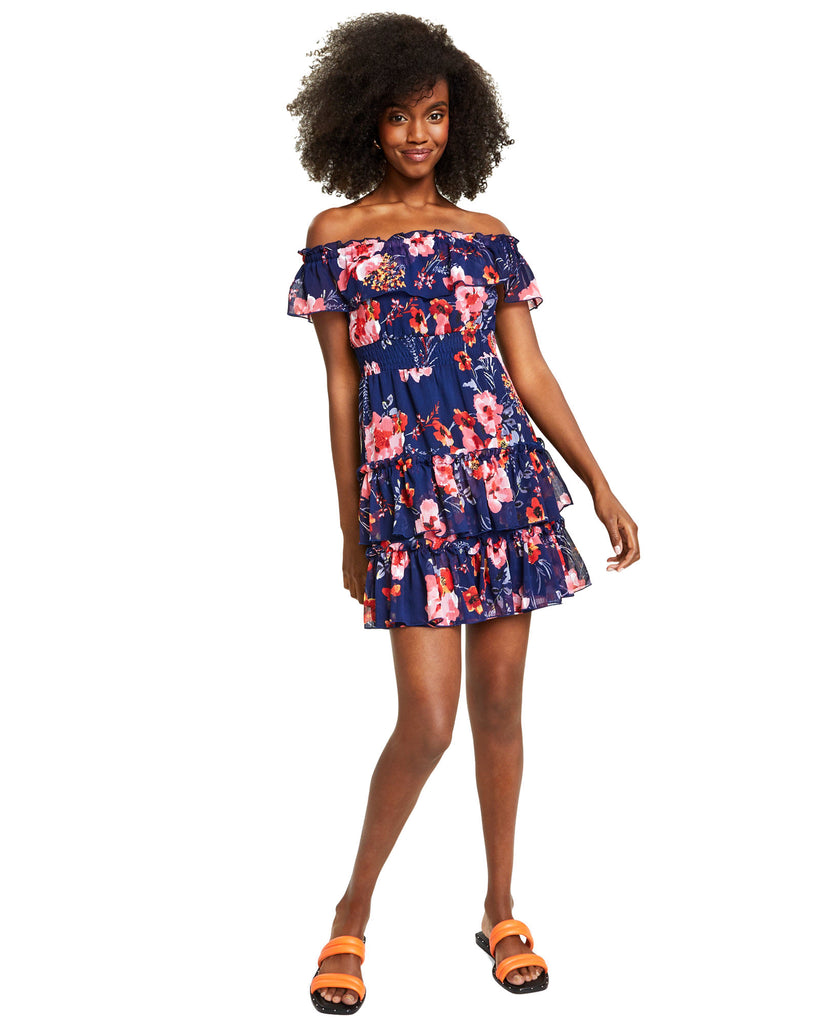 Bar III Women Floral Print Off The Shoulder Ruffled Mini Dress Natasha Floral