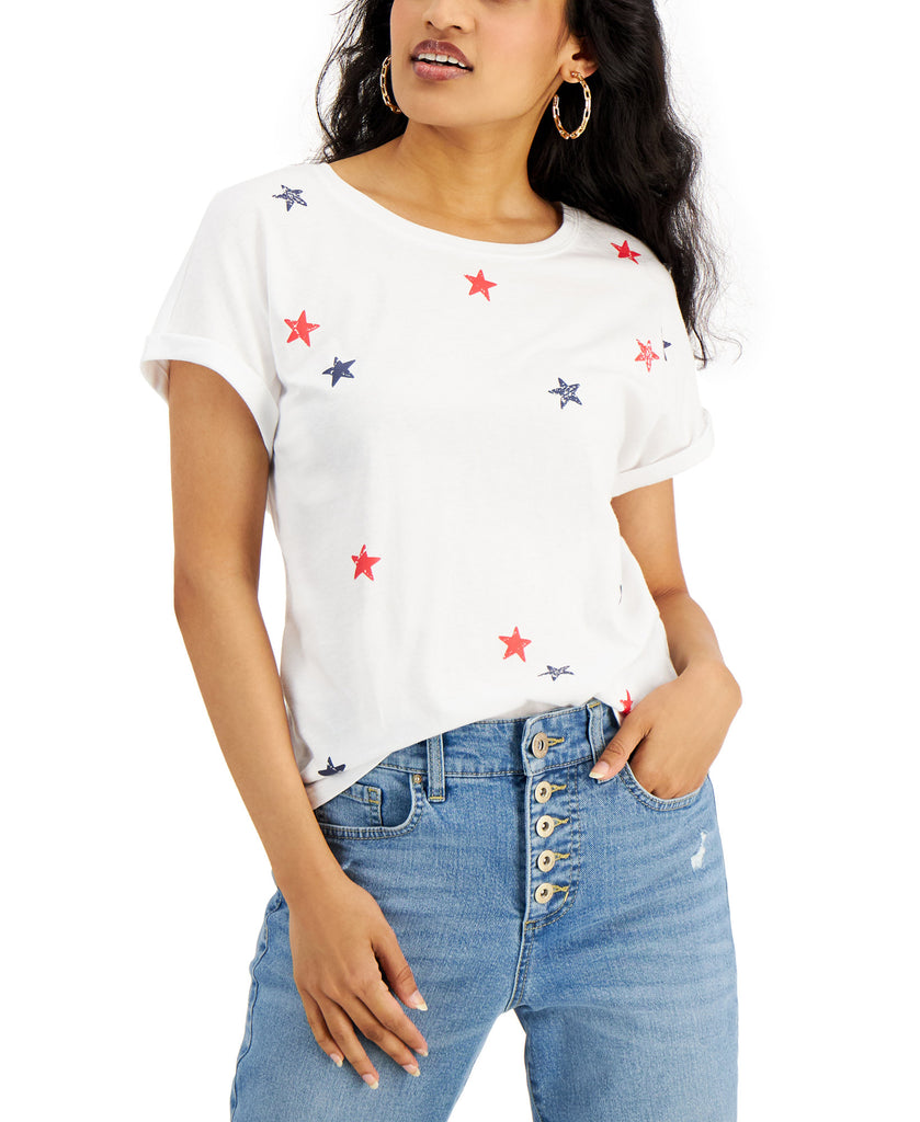 INC International Concepts Women Cotton Star Print T Shirt Bright White