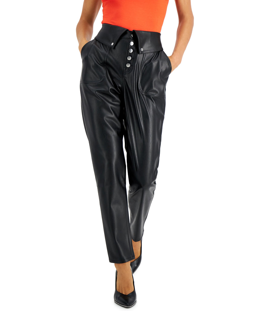 Bar III Women Faux Leather Button Front Pants Deep Black