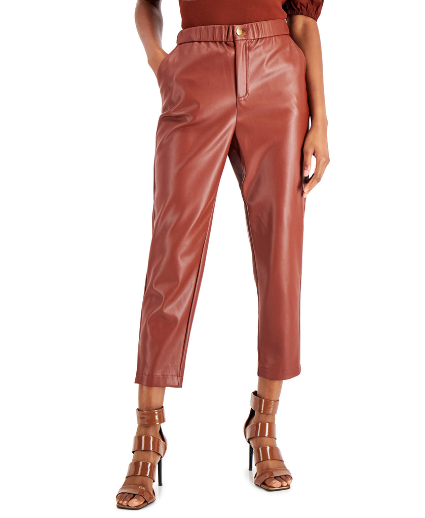 INC International Concepts Women Faux Leather Cropped Pants Deep Sienna