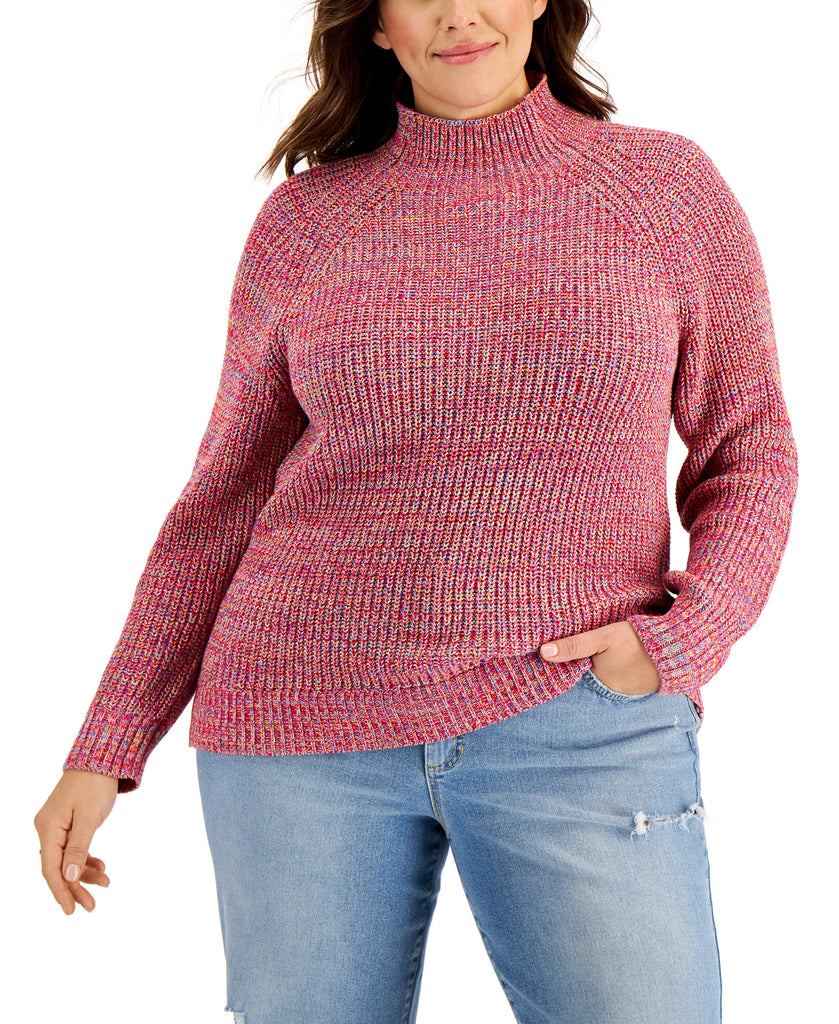 Style & Co Women Plus Cotton Marled Funnel Neck Sweater Marled Multi Combo