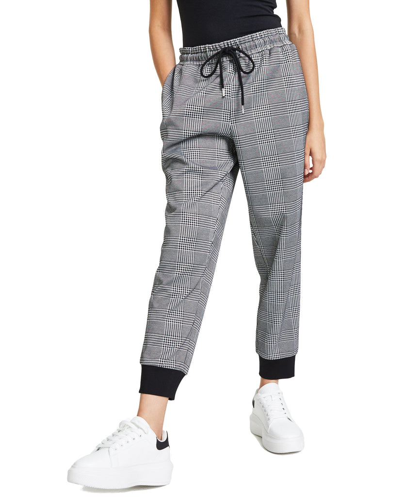 Bar III Women Tapered Plaid Joggers Black White