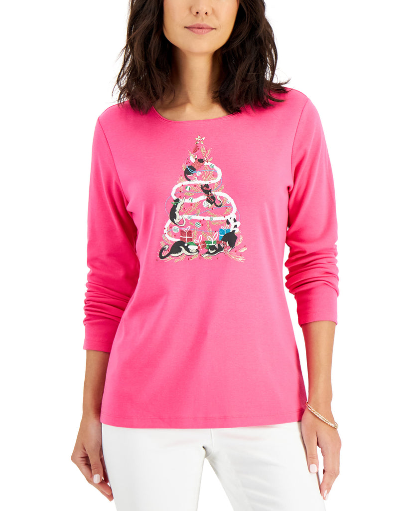 Karen Scott Women Climbing Kitties Holiday Top Magenta