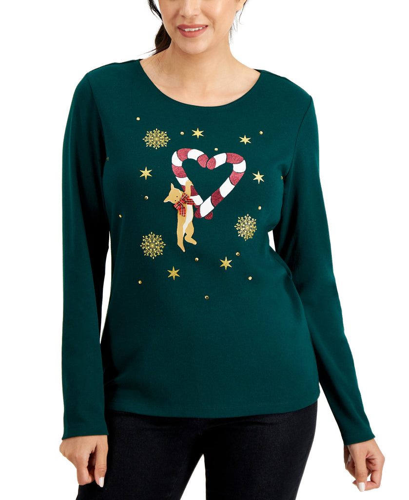 Karen Scott Women Petite Cotton Holiday Top Spruce Night