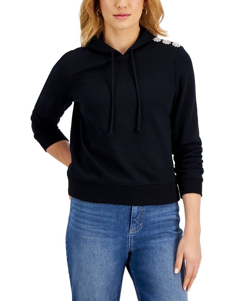 Charter Club Women Button Trim Hoodie Deep Black