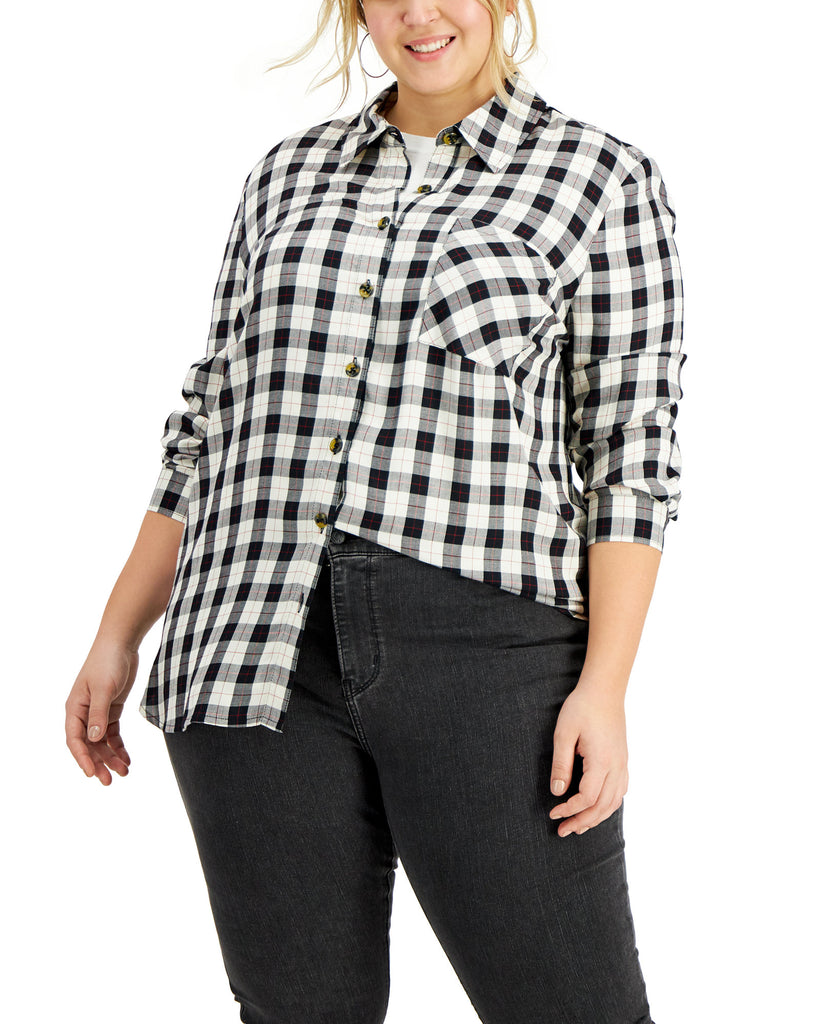 Love, Fire Women Plus Plaid Button Down Top Black White