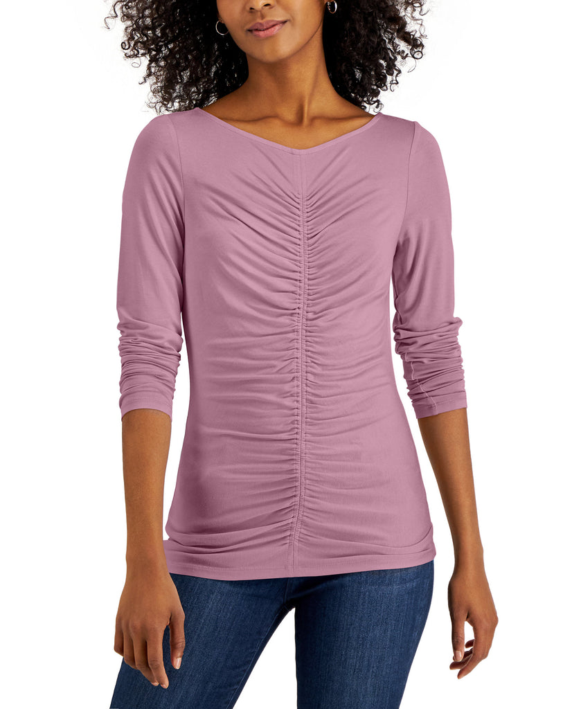 INC International Concepts Women Ruched Long Sleeve Top Evening Mauve