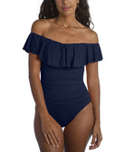 La Blanca Women Island Goddess Off The Shoulder Ruffled Tummy Control One Piece Swimsuit Indigo