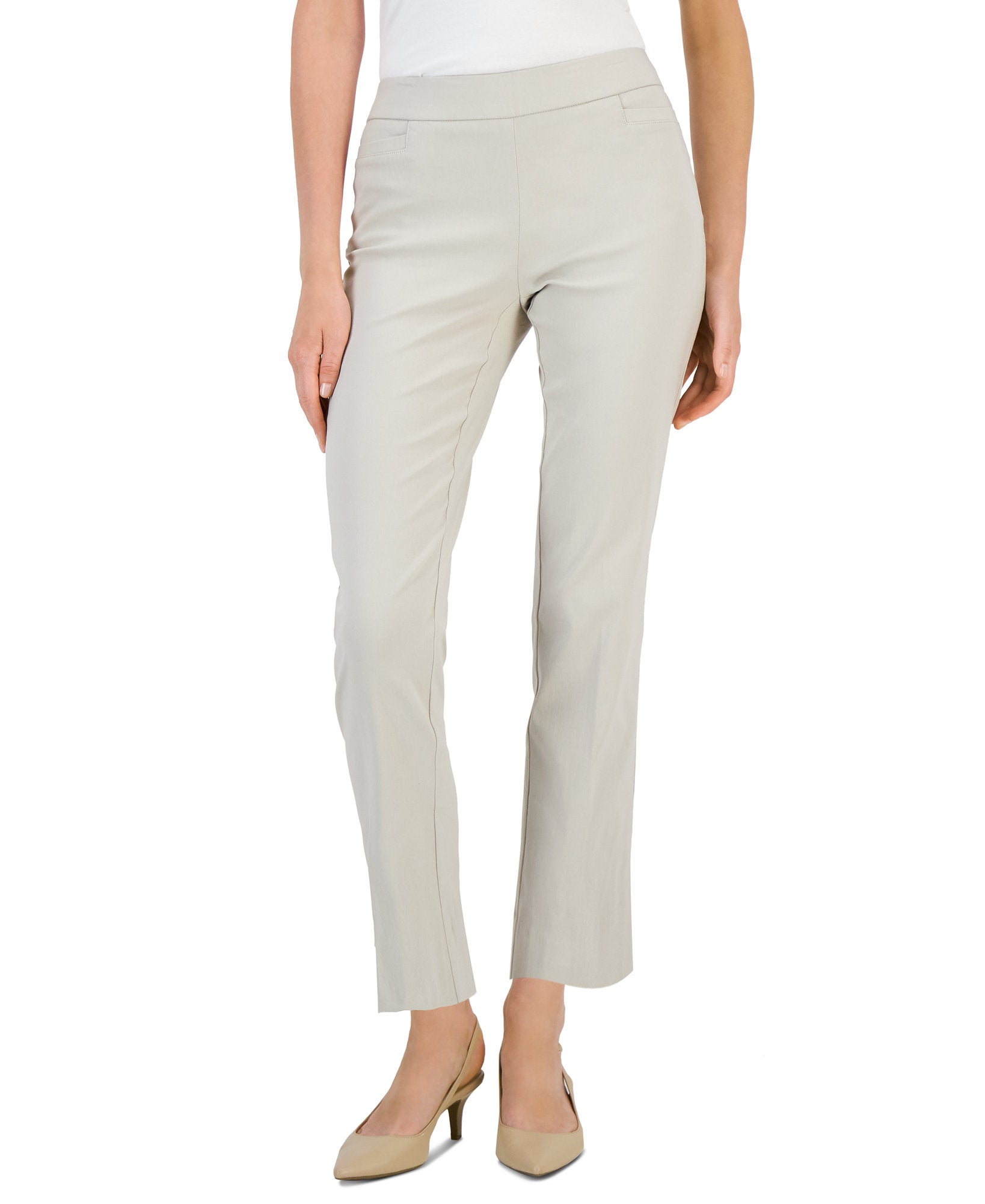 JM Collection Womens Petite Tummy Control Pull On Pants Stonewall