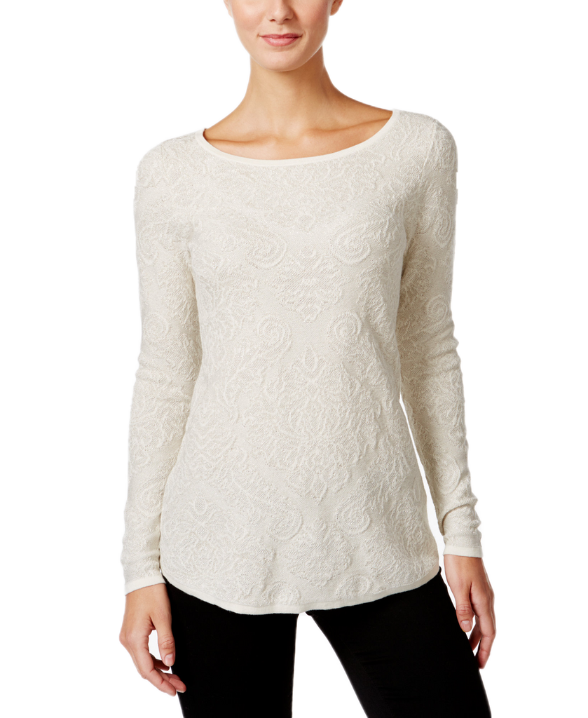 Charter Club Women Metallic Jacquard Sweater Vintage Cream Combo