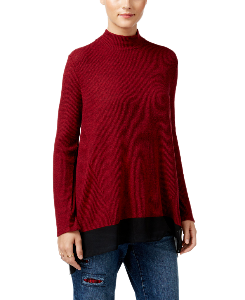 Style & Co Women Mock Neck Chiffon Hem Top New Red Amore