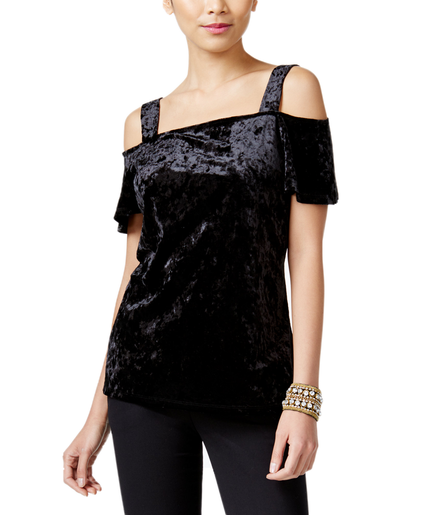 INC International Concepts Women Velvet Cold Shoulder Top Deep Black