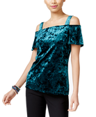 INC International Concepts Women Velvet Cold Shoulder Top Hunter Forest