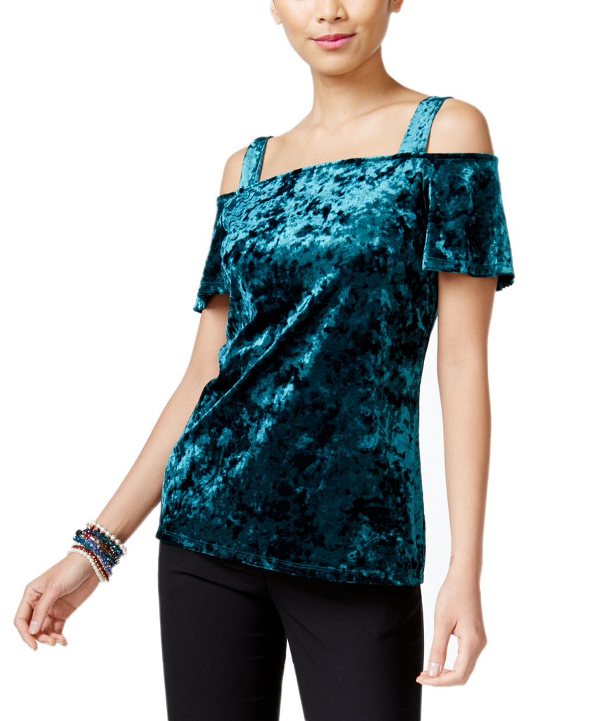 INC International Concepts Women Velvet Cold Shoulder Top Hunter Forest