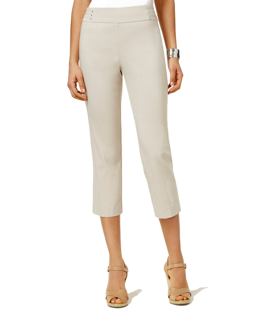 JM Collection Women Petite Rivet Detail Tummy Control Capri Pants Stonewall