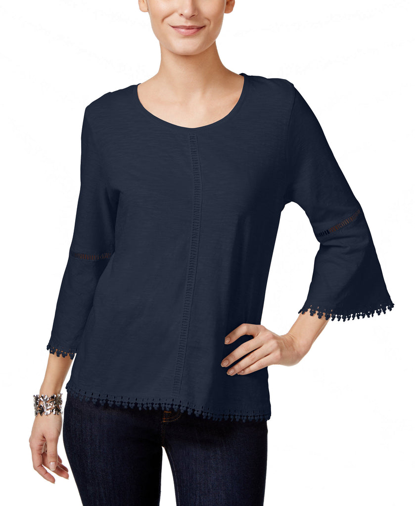 Style & Co Womens Petite Crochet Trim Bell Sleeve Top Industrial Blue