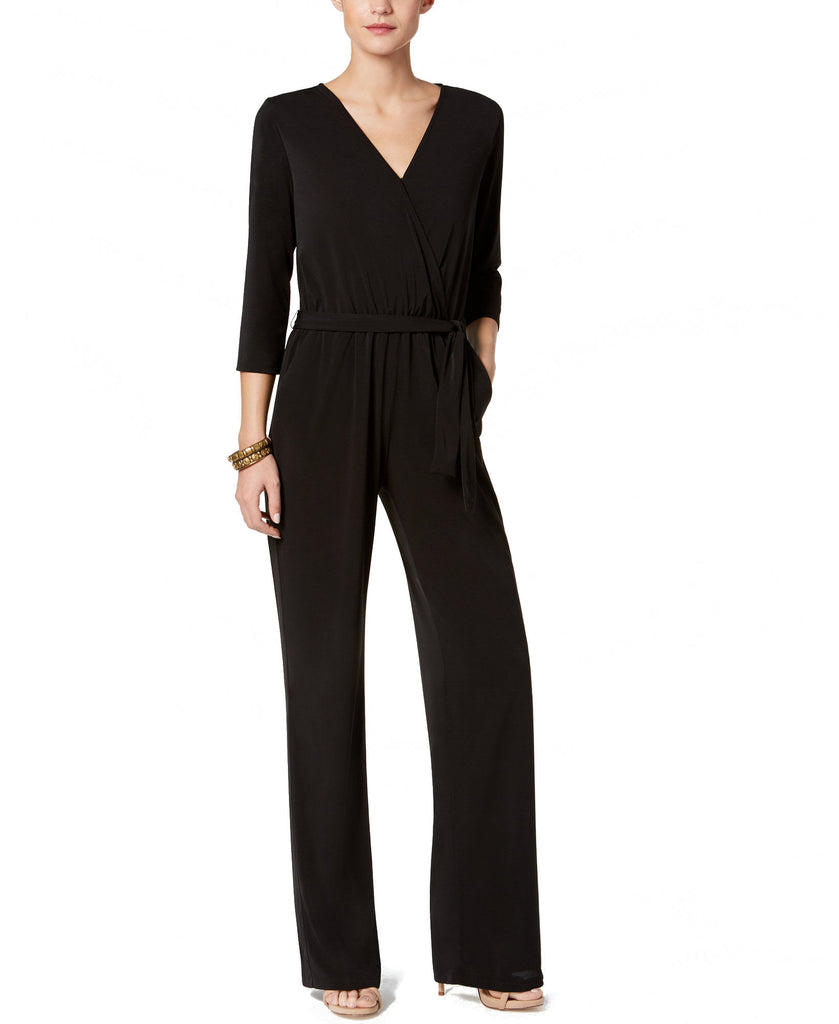 NY Collection Womens Petite Size Belted Jumpsuit Black