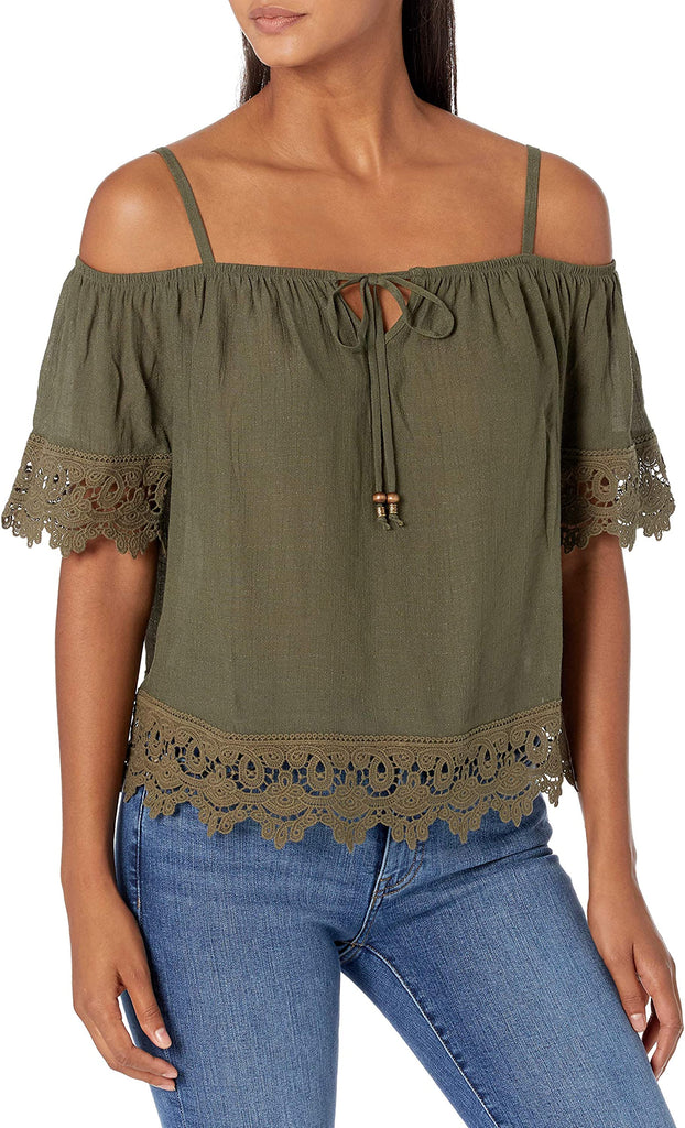 BCX Women Crochet Trim Cold Shoulder Top Olive