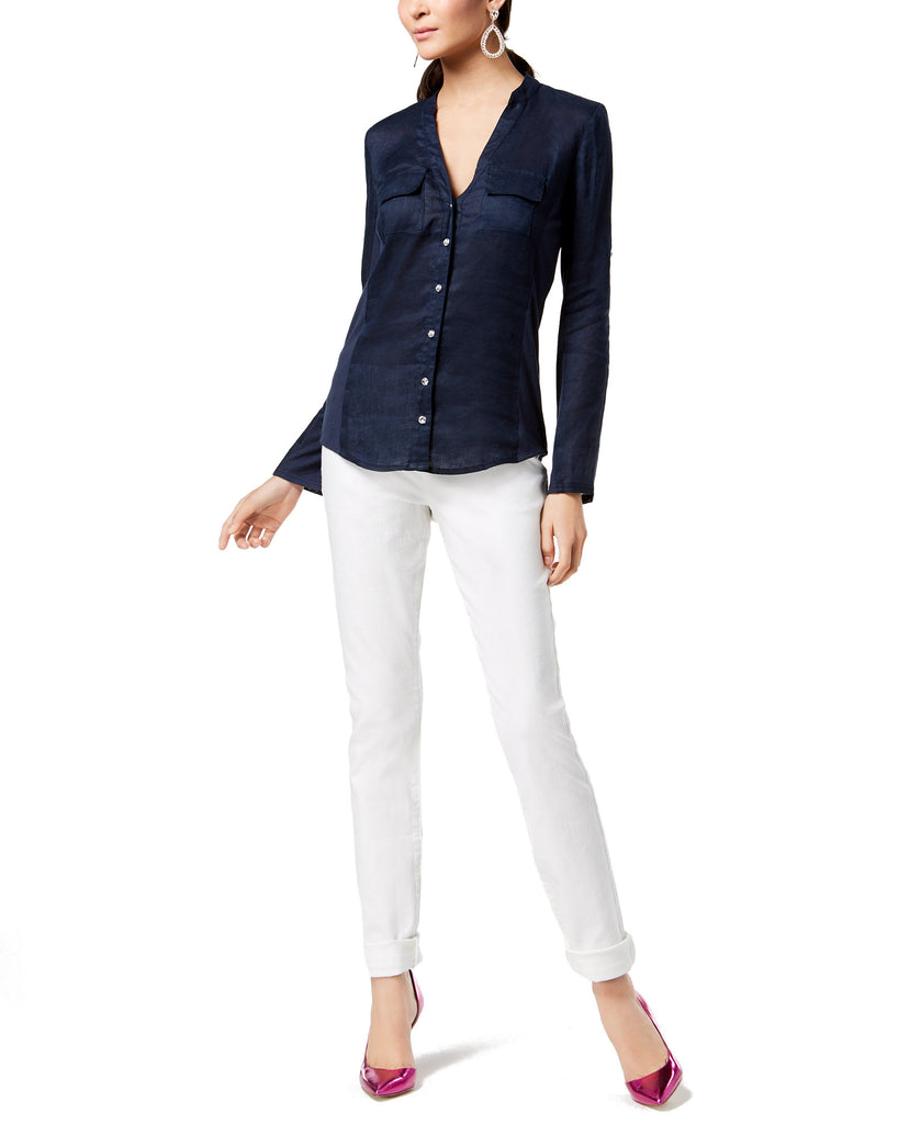 INC International Concepts Women Linen Blend Utility Shirt