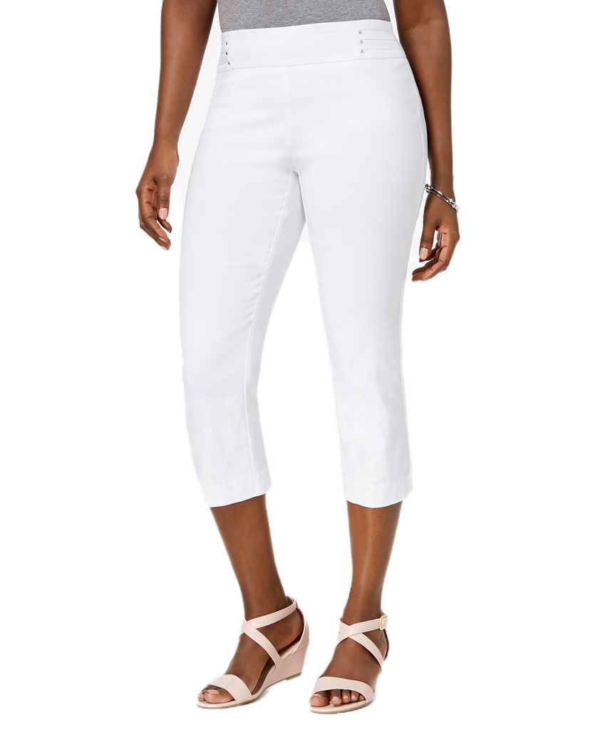 JM Collection Women Petite Rivet Detail Tummy Control Capri Pants Bright White