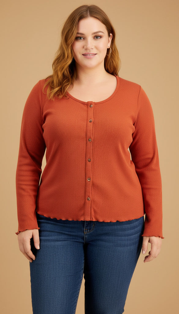 Woman wearing a rust-colored long-sleeve top with buttons on a beige background