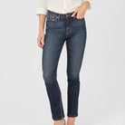 A pair of women's straight-leg mid-rise jeans with a contoured waistband, front zipper and button closure, and belt loops. The jeans are blue with a subtle fade pattern.