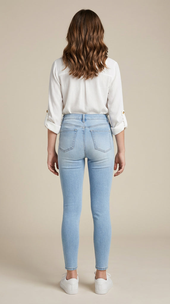 Woman wearing light blue jeans and a white shirt on a beige background
