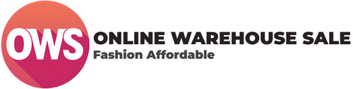Logo for OWS Online Warehouse Sale with a pink circle and white text on a light gray background. Fashion Affordable