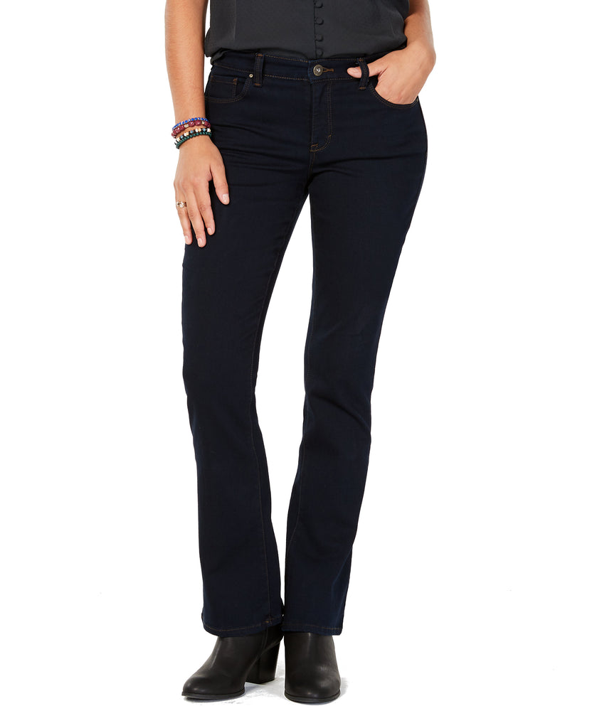 A pair of women's tummy-control bootcut jeans with a dark wash and a mid-rise waist. The jeans feature a front button closure, zipper fly, belt loops, and a five-pocket design.