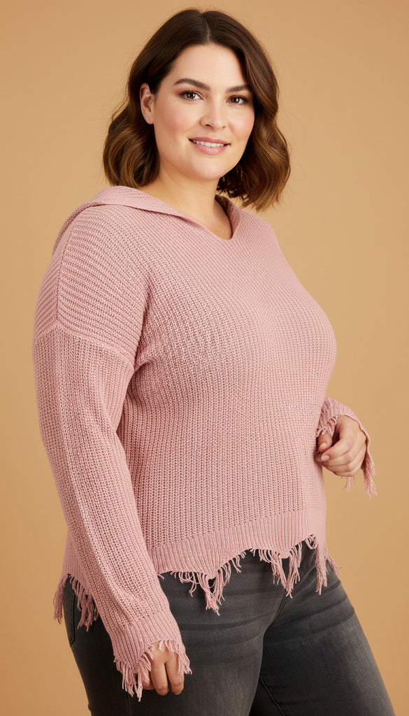 Woman wearing a pink sweater with a beige background