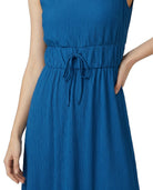 Blue dress with a tie waist on a white background