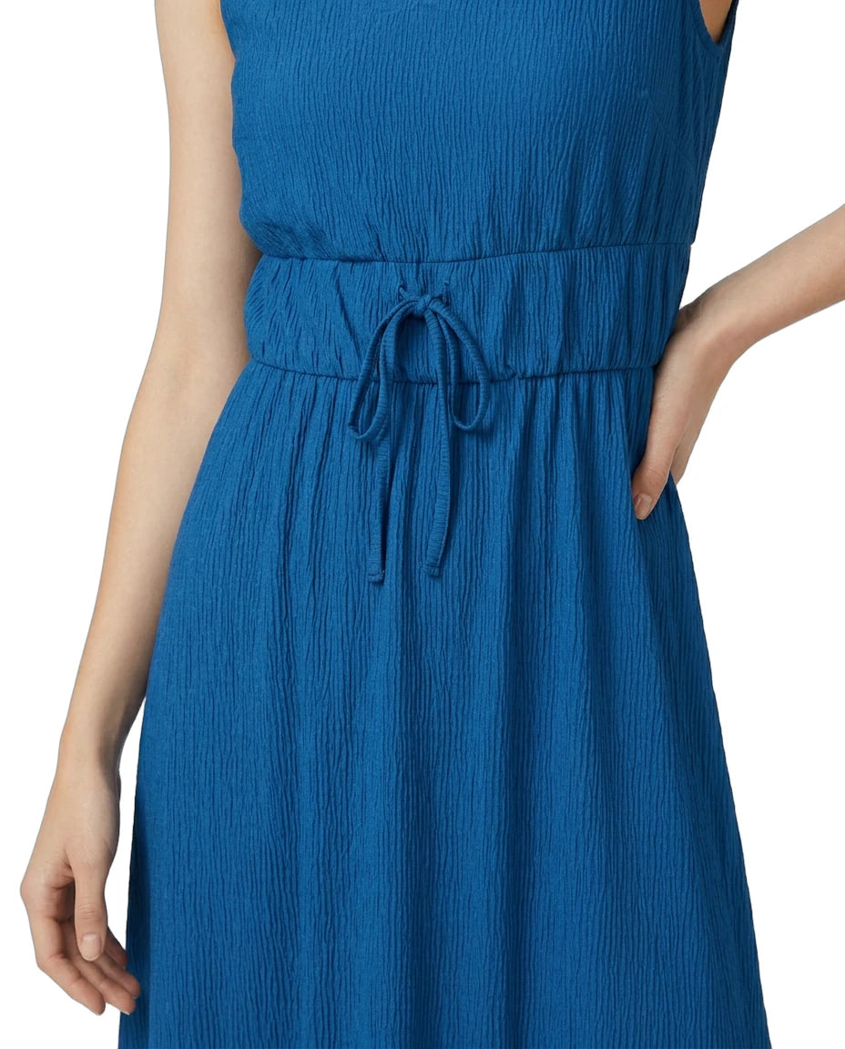 Blue dress with a tie waist on a white background
