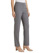 A model wearing gray straight-leg trousers with a white top and beige heels, shown from the waist down on a white studio background.