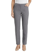A model wearing a pair of straight-leg gray trousers with a subtle textured pattern, paired with a white top and beige heels, shown against a plain white background.