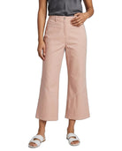 A model wearing dusty pink cropped wide-leg pants, paired with a dark gray top and white slide sandals, shown against a plain white background.
