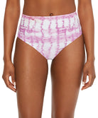 Pink tie-dye high-waisted bikini bottom on a model against a white background