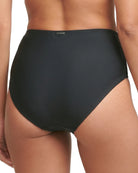 Black high-waisted bikini bottom on a white background