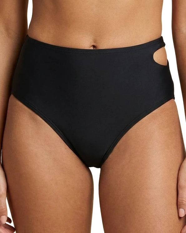 Black high-waisted bikini bottom on a person against a white background