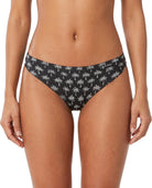 Black bikini bottom with palm tree pattern on a white background