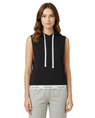 Woman wearing a Calvin Klein black sleeveless hoodie with white drawstrings on a white background