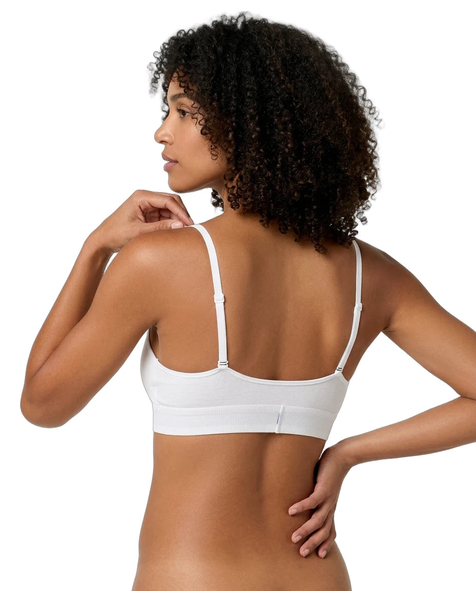 Woman wearing a Calvin Klein bralette on a white background