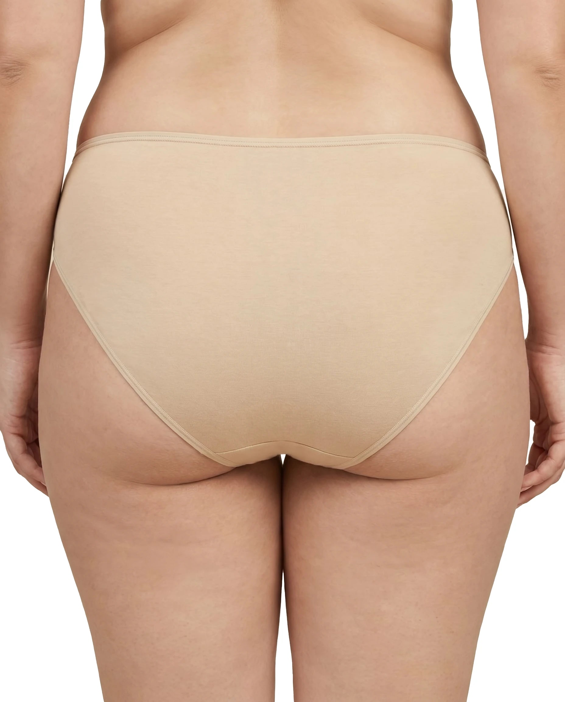 Beige underwear worn by a person on a white background