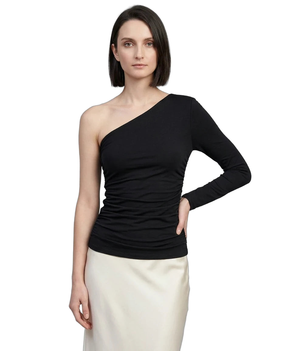 Woman wearing a black one-shoulder top on a white background