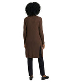 Person wearing a brown ribbed long cardigan on a white background